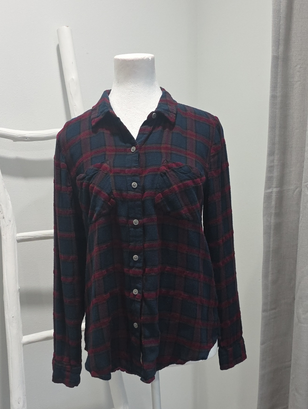 Luccky Brand Button-Up Plaid Flannel Shirt in Navy and Burgundy